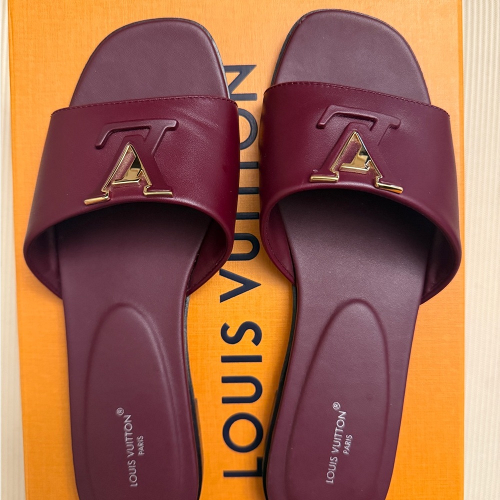 Louis Vuitton Burgundy Slides with Gold Logo Worn 3 Times
